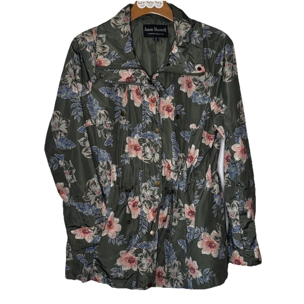 Jason Maxwell Outdoor Collection Anorak Rain Jacket Med Sage Green‎ Pink Floral
